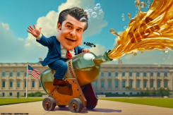 HEGSETH RIDING A SQUIRTING VODKA BOTTLE by Bart van Leeuwen