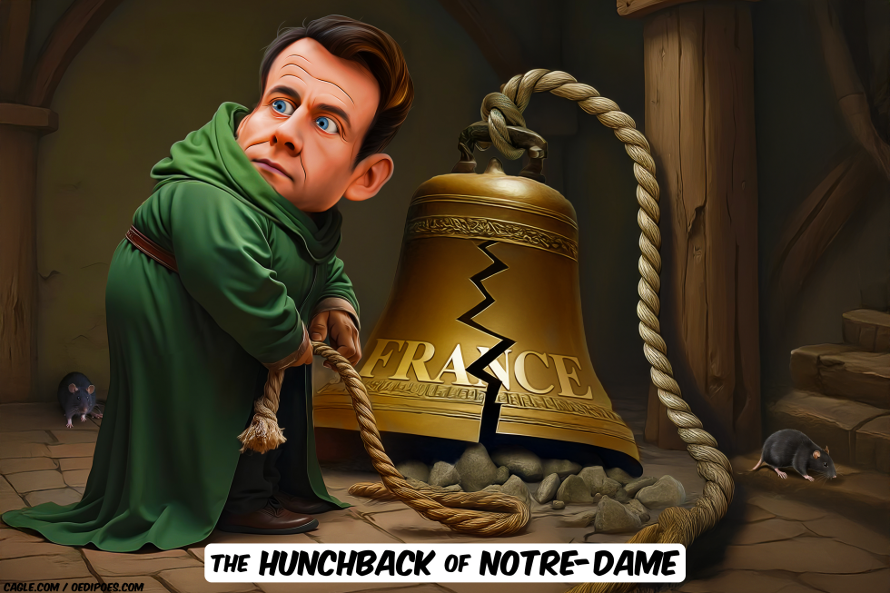 Emmanuel Macron holding snapped rope church bell
