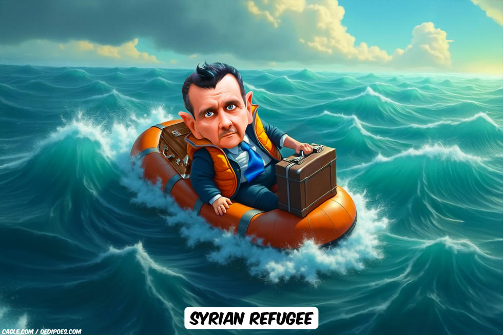 Bashar al-Assad sitting in rubber boat on sea