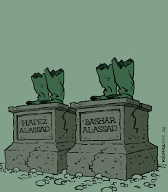 BROKEN STATUES OF ASSAD FATHER AND SON by Michel Kichka