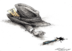 A BATTERED PRESS REACHES FOR A PEN by Dale Cummings