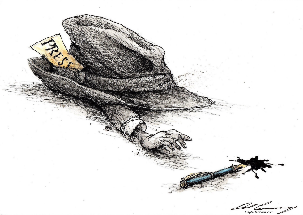 A battered press reaches for a pen.
