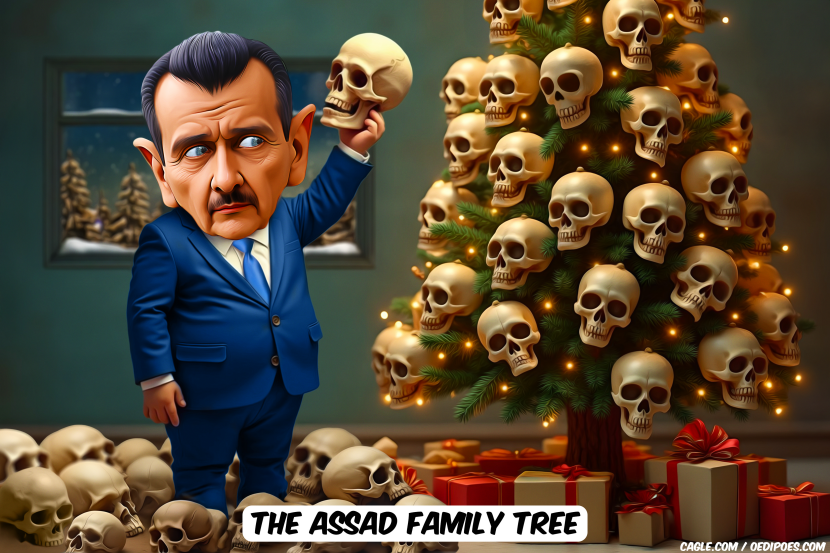 Assad decorating Christmas tree with skulls