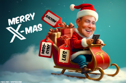 ELON MUSK DRESSED AS SANTA SITTING IN SLEIGH by Bart van Leeuwen