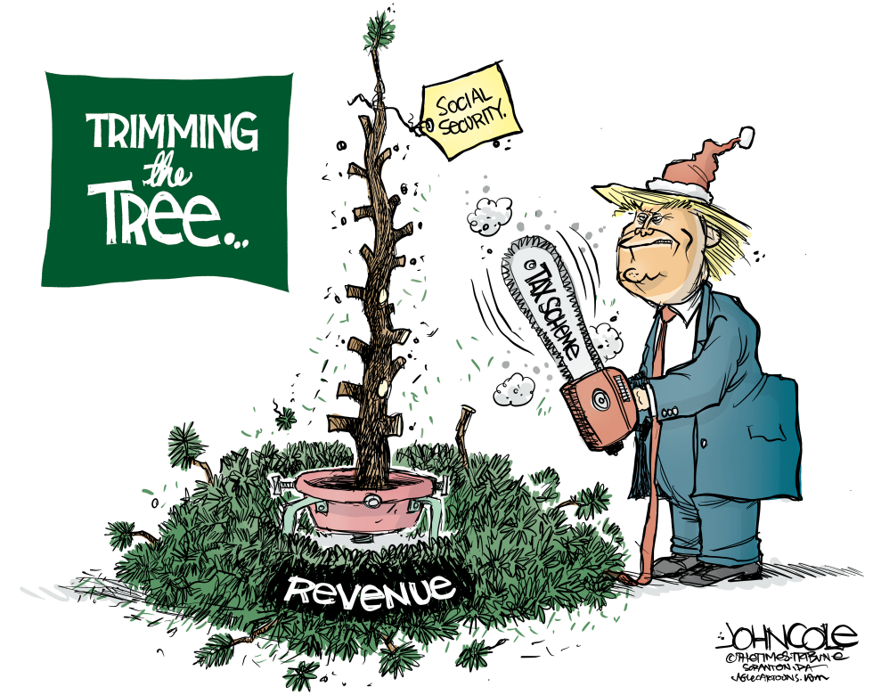 Trump Depicted Cutting Social Security Tree With Tax Scheme Chainsaw