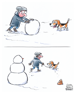 MAN IS MAKING SNOWMAN TOGETHER WITH A DOG by Gatis Sluka