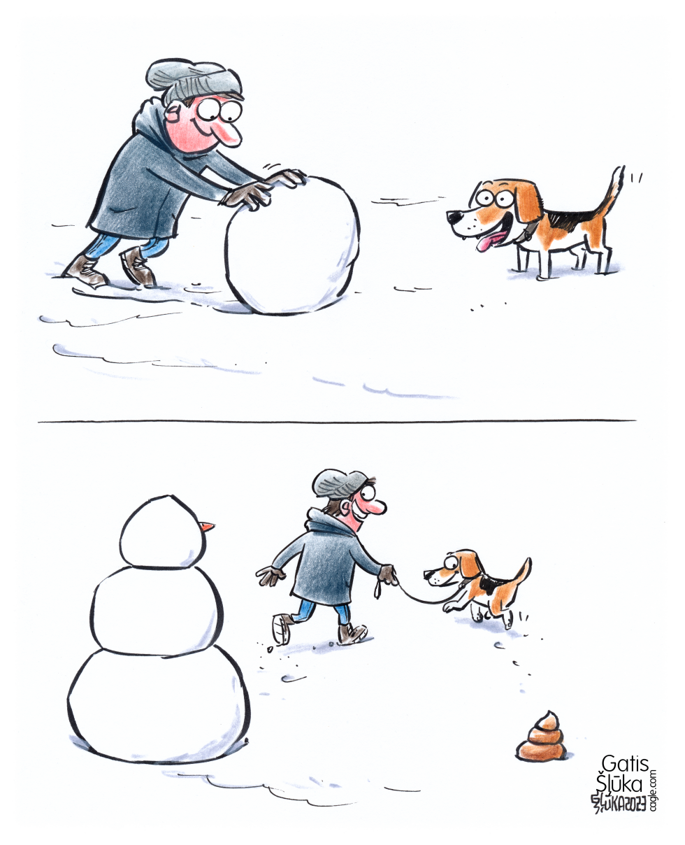 Man is making snowman together with a dog