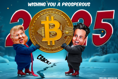 TRUMP AND MUSK HOLDING A GIANT BITCOIN UP by Bart van Leeuwen