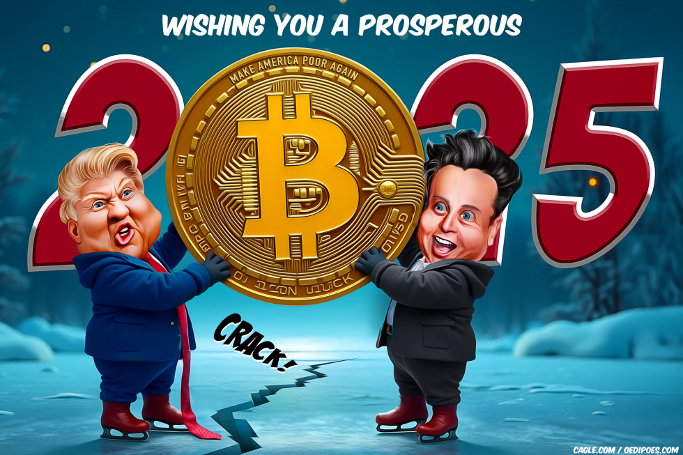 Trump and Musk holding a giant bitcoin up