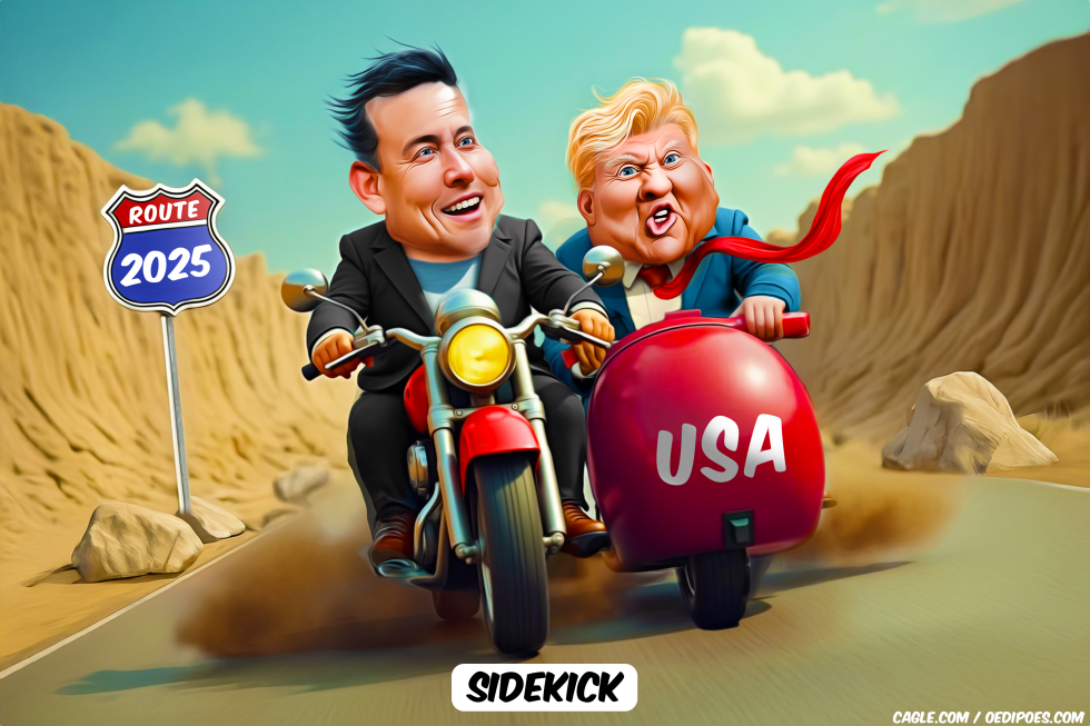 Musk and trump riding a motorcycle together