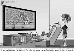 MAN WATCHES KICKOFF WIFE PREPARES  A PRANK by Bruce Plante