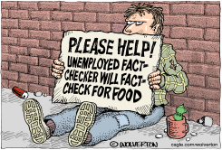 FACT CHECKER ON SIDEWALK BEGGING by Monte Wolverton