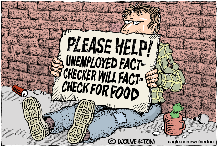 Fact Checker on Sidewalk Begging