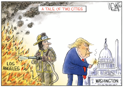 LA HEROES FIGHT FIRES, TRUMP TORCHES WASHINGTON by Christopher Weyant