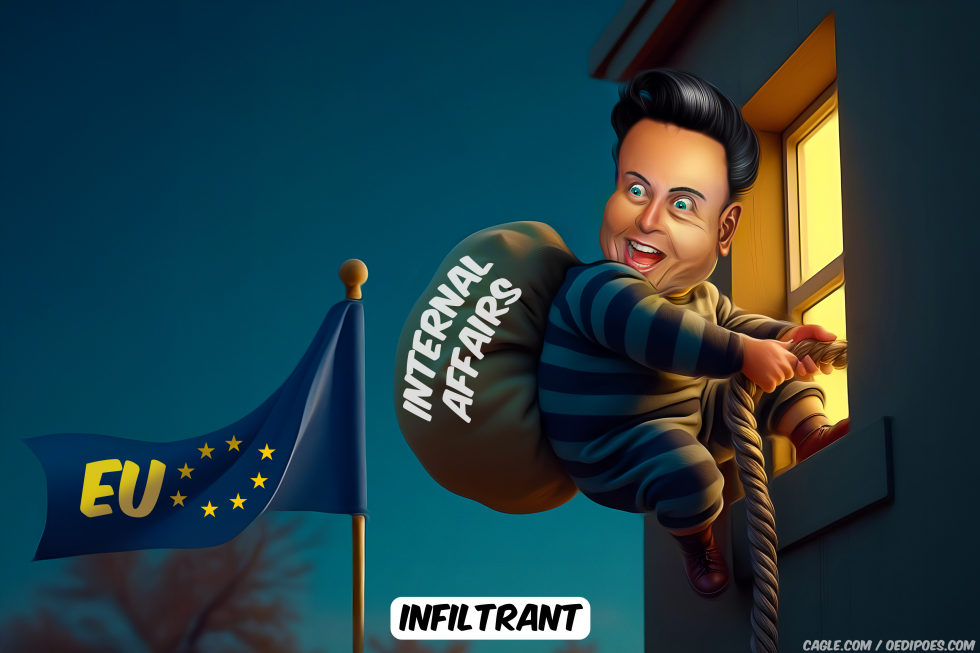 Elon Musk climbing out of a window