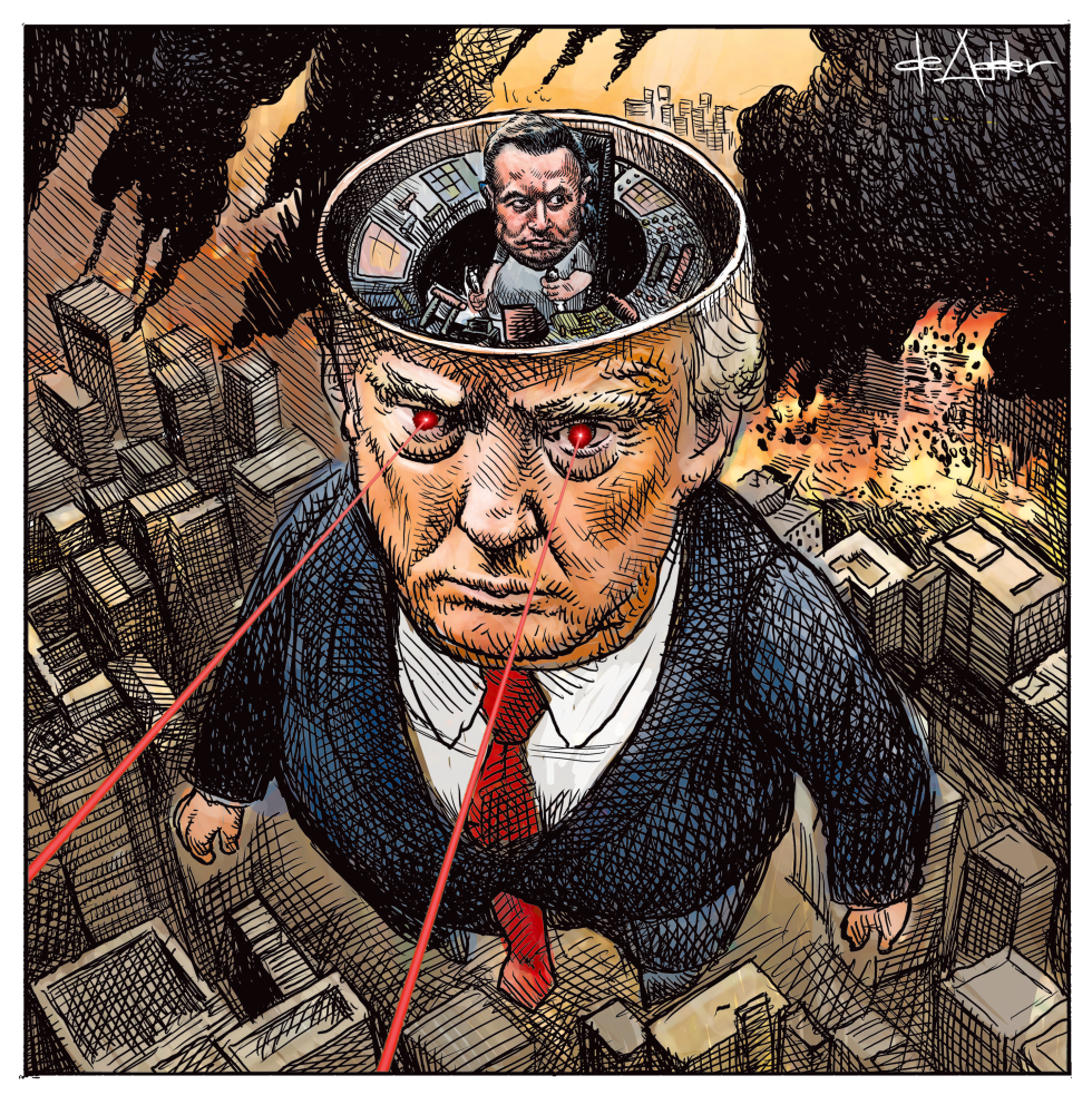 Musk Pilots Trump as Destructive Giant Over Burning Cityscape