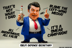 HEGSETH BLAMING OTHERS WITH VODKA BOTTLE IN HAND by Bart van Leeuwen
