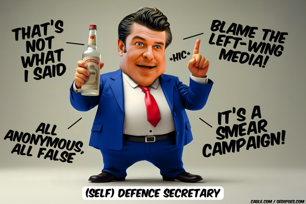 Hegseth blaming others with vodka bottle in hand