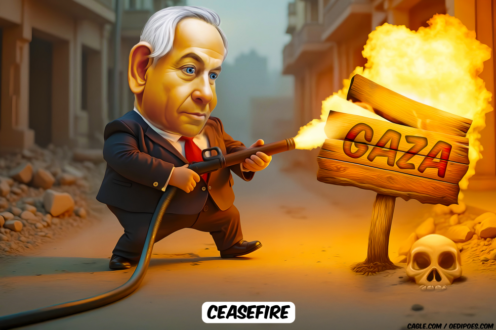 Netanyahu burning gaza sign with flamethrower