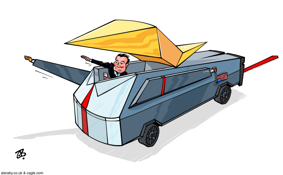 Trump Salutes from Winged Cybertruck with Golden Pyramid
