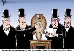 GROUNDHOG DAY OFFICIAL HOLDS UP A GROUNDHOG by Bruce Plante