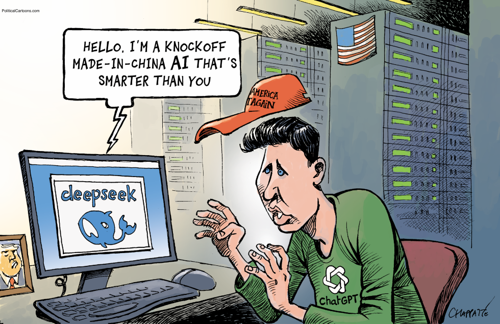 DeepSeek logo appears on screen as ChatGPT shirt reacts