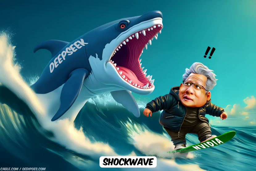 Jensen Huang surfing with a big whale