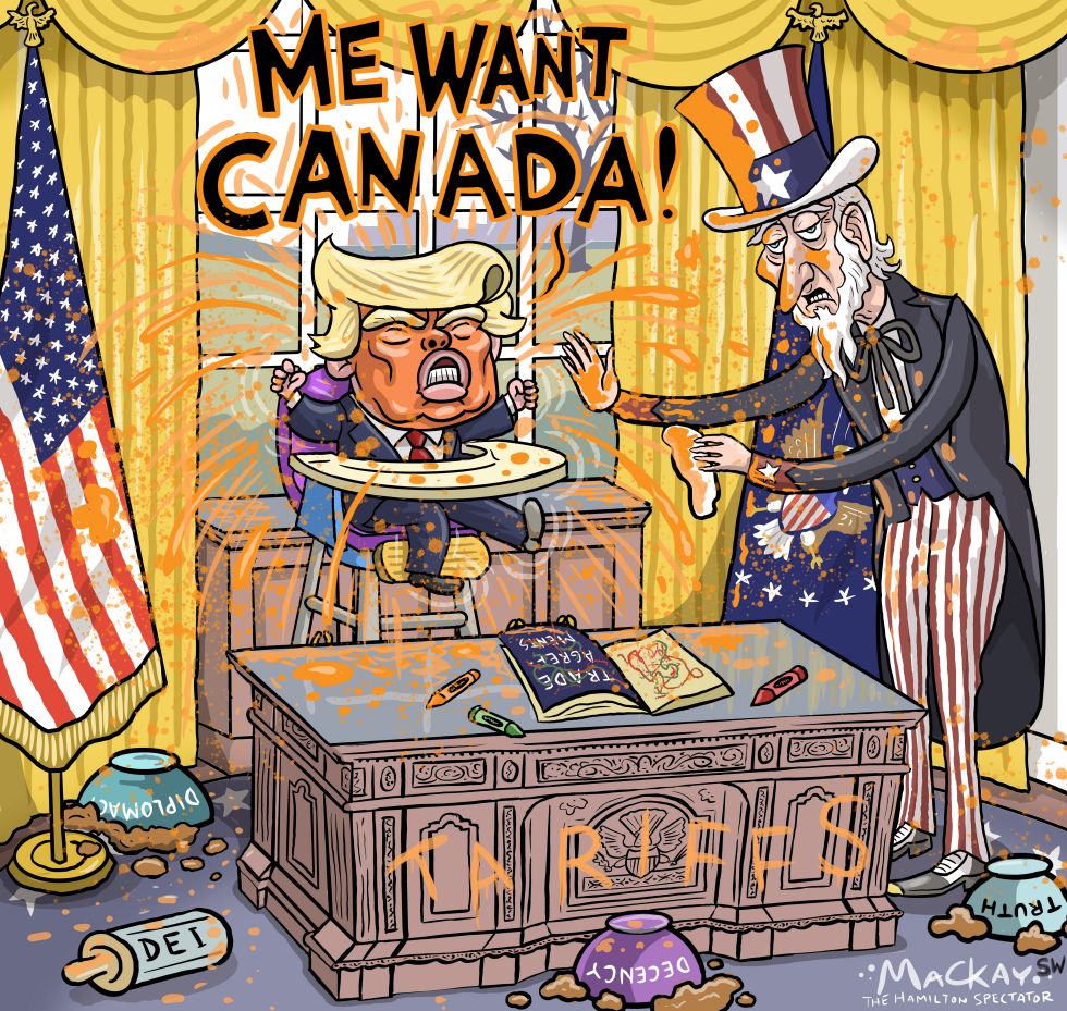 Cartoon portrays Trump toddler tantrum over Canada tariffs
