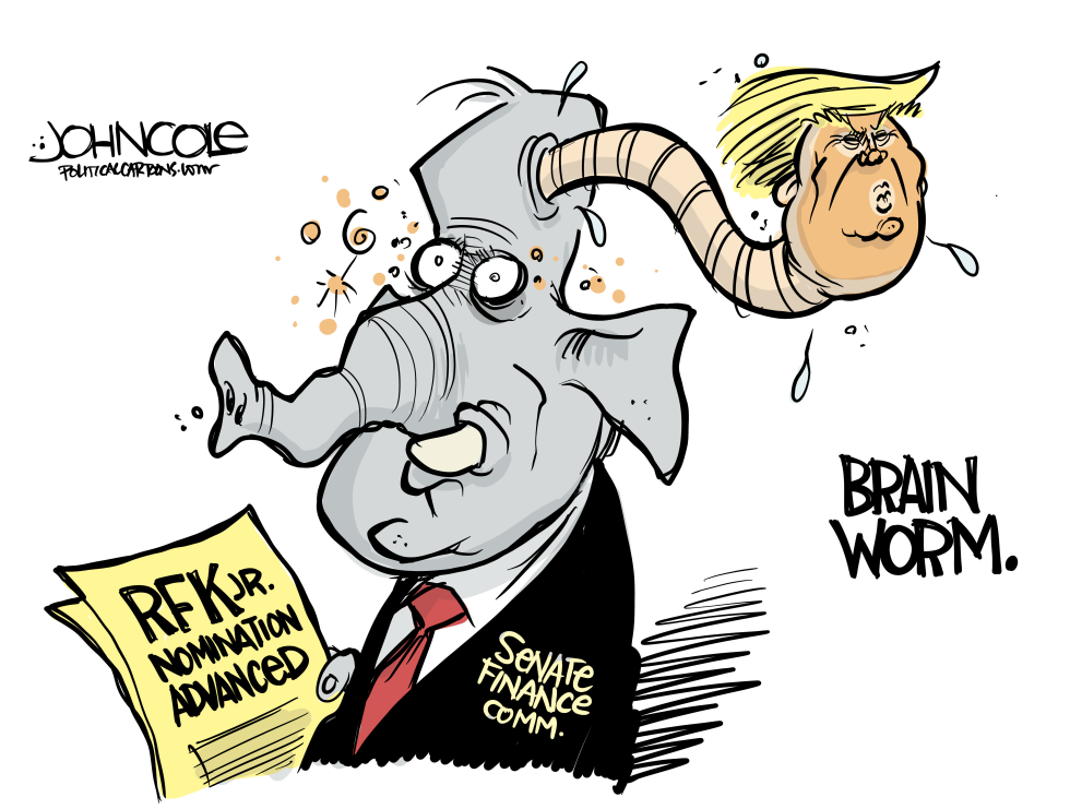 Trump depicted as brain worm controlling GOP elephant on RFK Jr. nomination