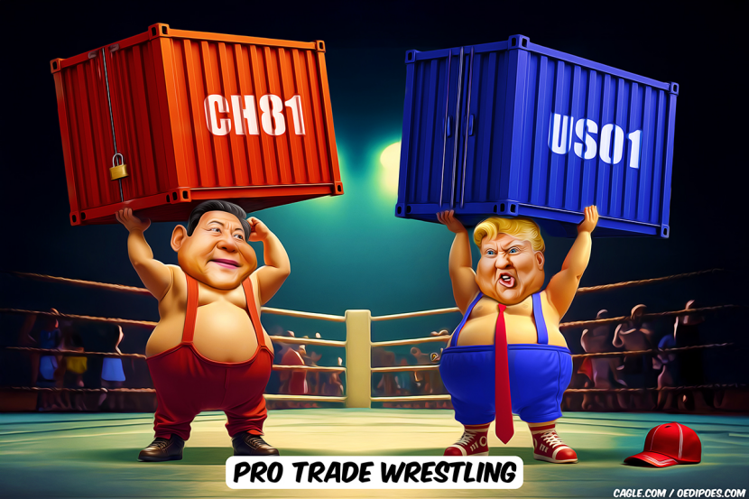 Trump and Xi Square Off Lifting Trade Containers in Wrestling Ring