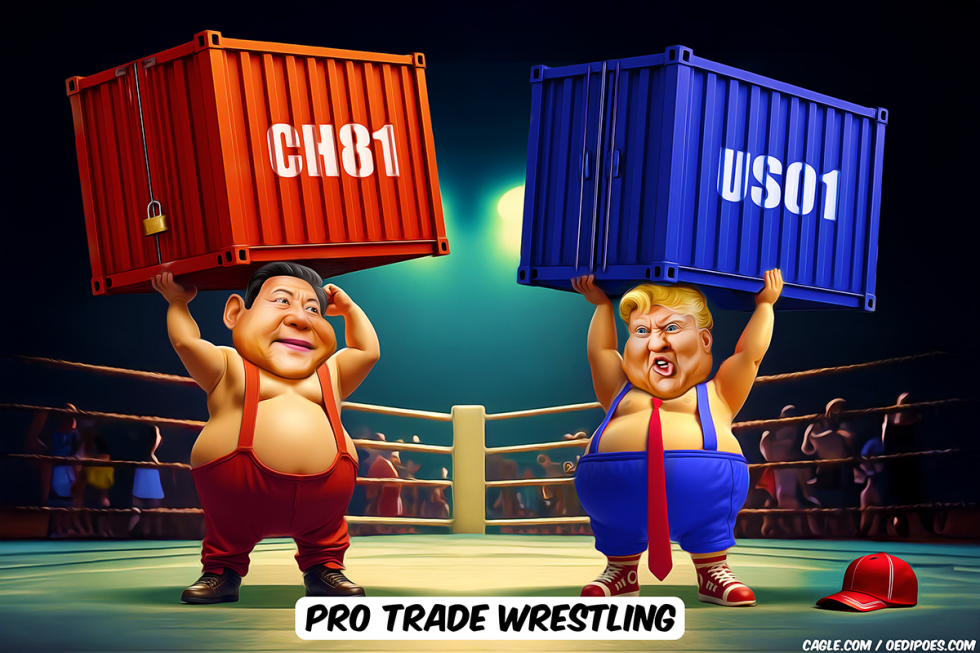 Trump and Xi Square Off Lifting Trade Containers in Wrestling Ring