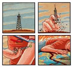 OUR DANGEROUS ADDICTION TO OIL  by Peter Kuper
