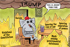 GOP ELEPHANT SITS HAPPILY IN A ROOM ON FIRE by Steve Greenberg