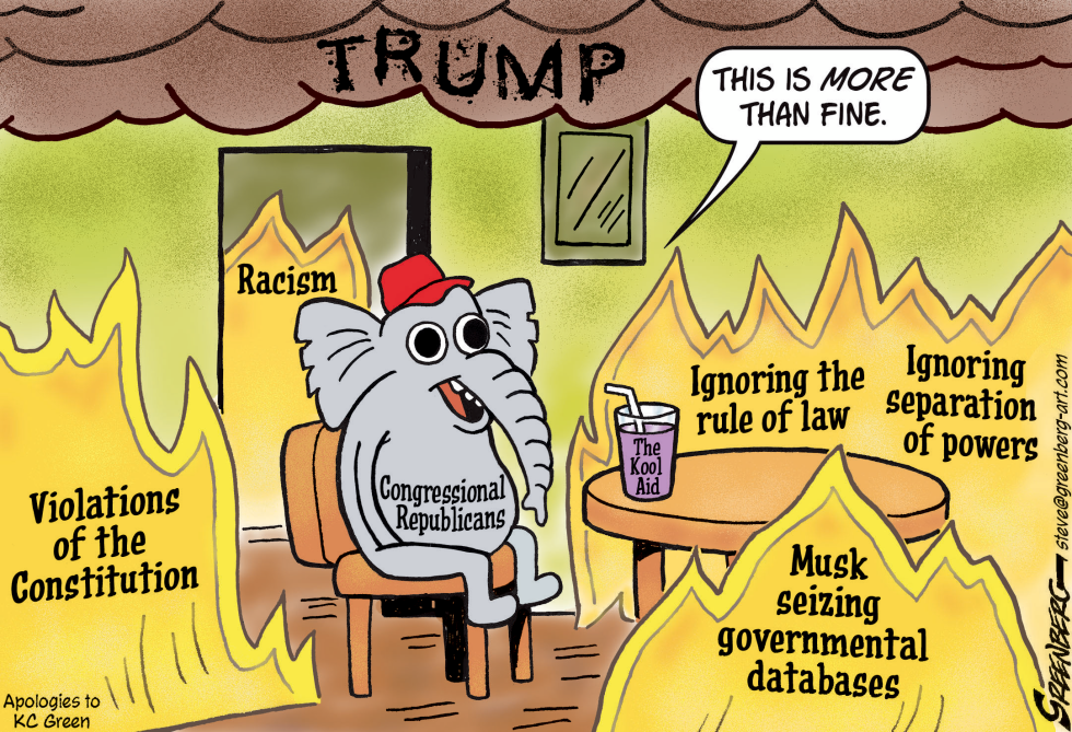 GOP elephant sits happily in a room on fire