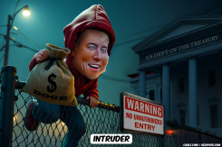 ELON MUSK CLIMBS OVER A FENCE AS THIEF by Bart van Leeuwen