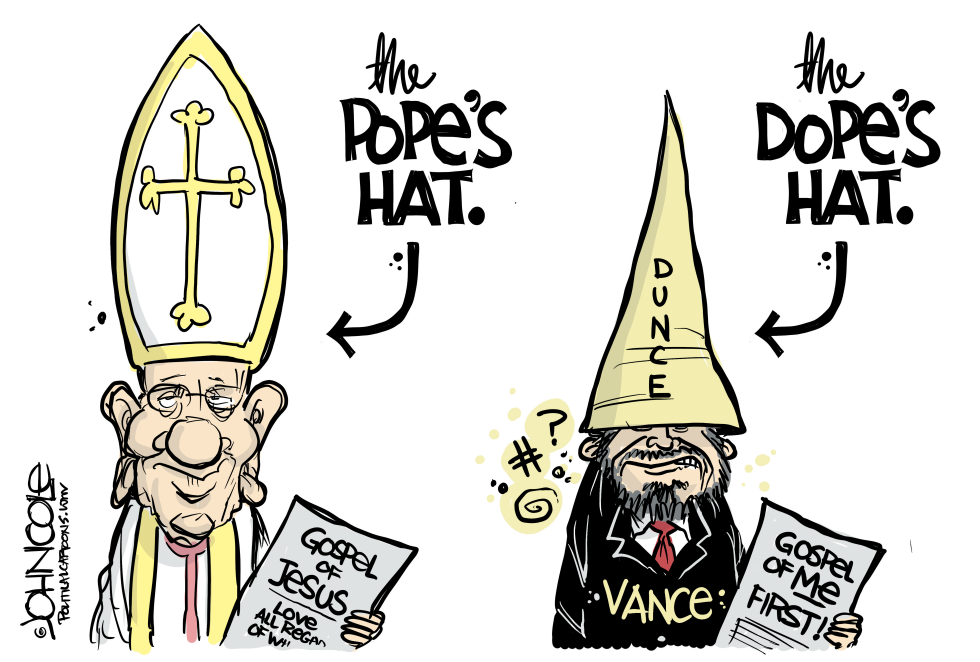 JD Vance depicted holding gospel of self-interest beside papal figure