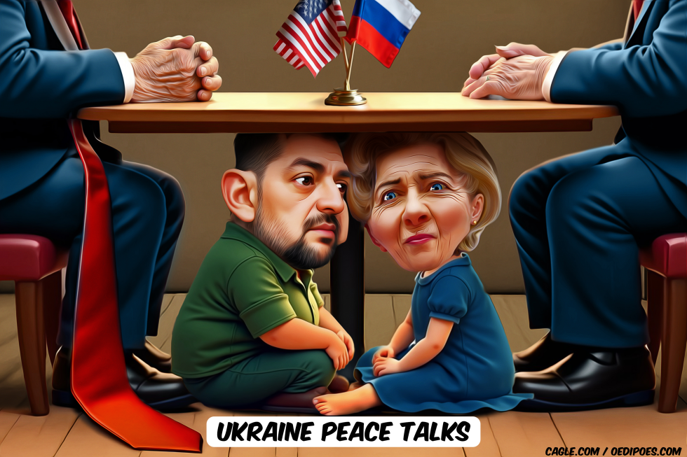 Leyen and Zelensky sitting under a small table