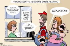 A FAMILY WITH CRYING KIDS AT A DOCTOR'S OFFICE by Bruce Plante
