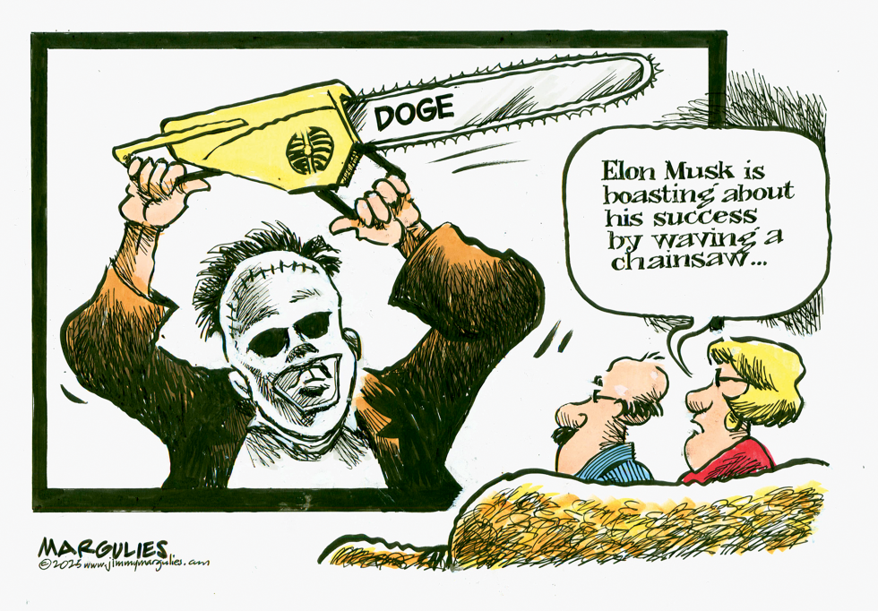 Elon Musk raises DOGE chainsaw above head