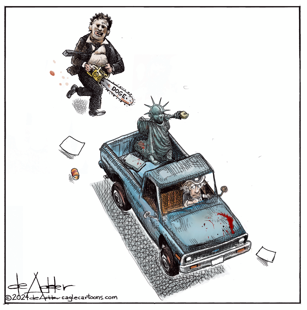 Elon Musk as Chainsaw Figure Chases Statue of Liberty in DOGE Parody