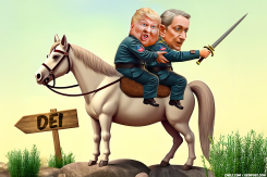 DAN CAINE AND TRUMP SITTING BACKWARDS ON HORSE by Bart van Leeuwen