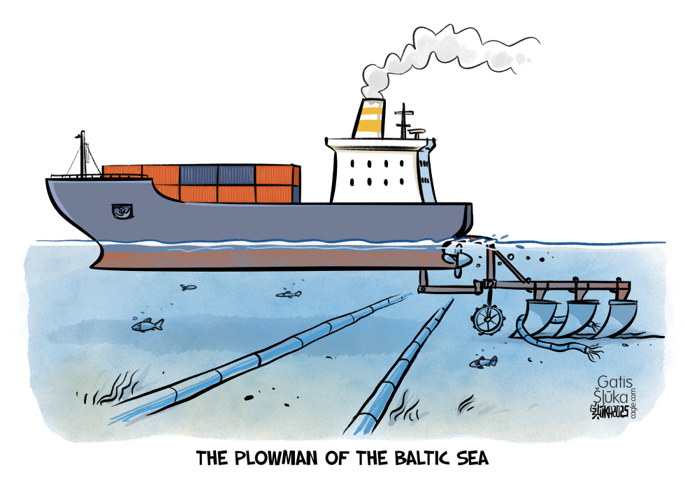Ship with a plow is cutting cables in a sea