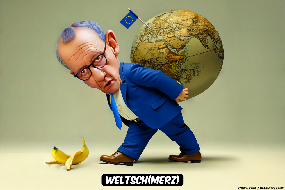 Friedrich Merz carrying a globe on his back
