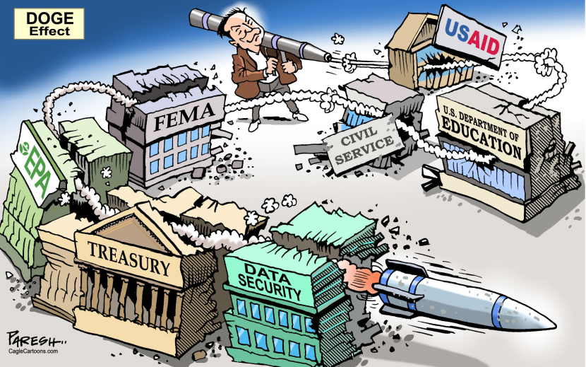 Musk Fires Bazooka at Federal Agencies in DOGE Rampage Cartoon