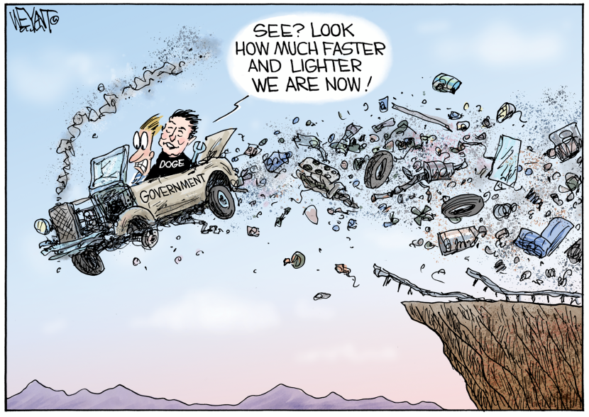 Musk and DOGE team depicted shedding government parts mid-flight