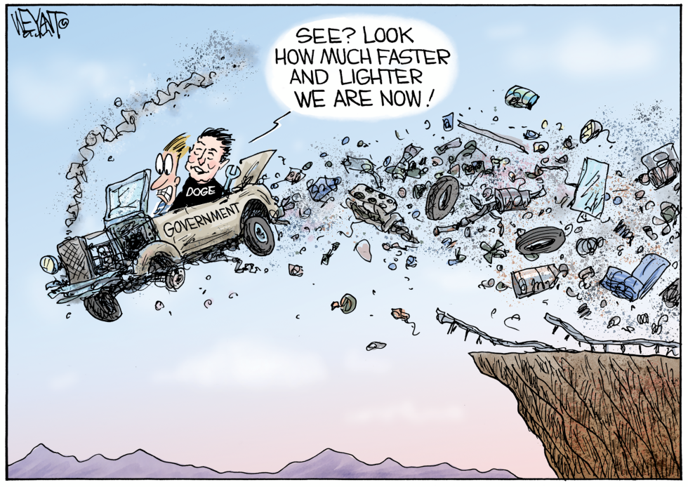 Musk and DOGE team depicted shedding government parts mid-flight