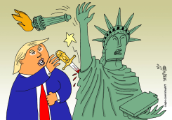 TRUMP KILLS LADY LIBERTY WITH A KNIFE by Stephane Peray