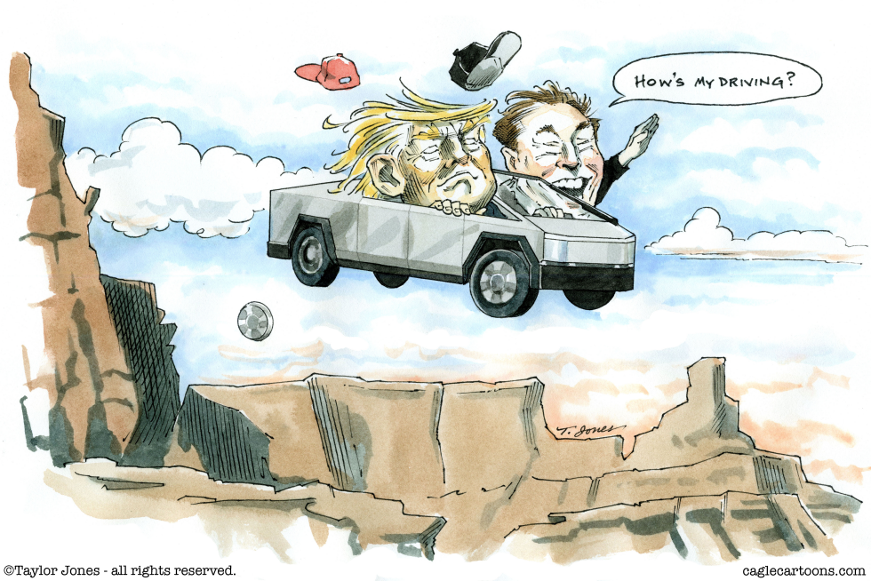 Trump and Musk in Cybertruck Headed Off Cliff