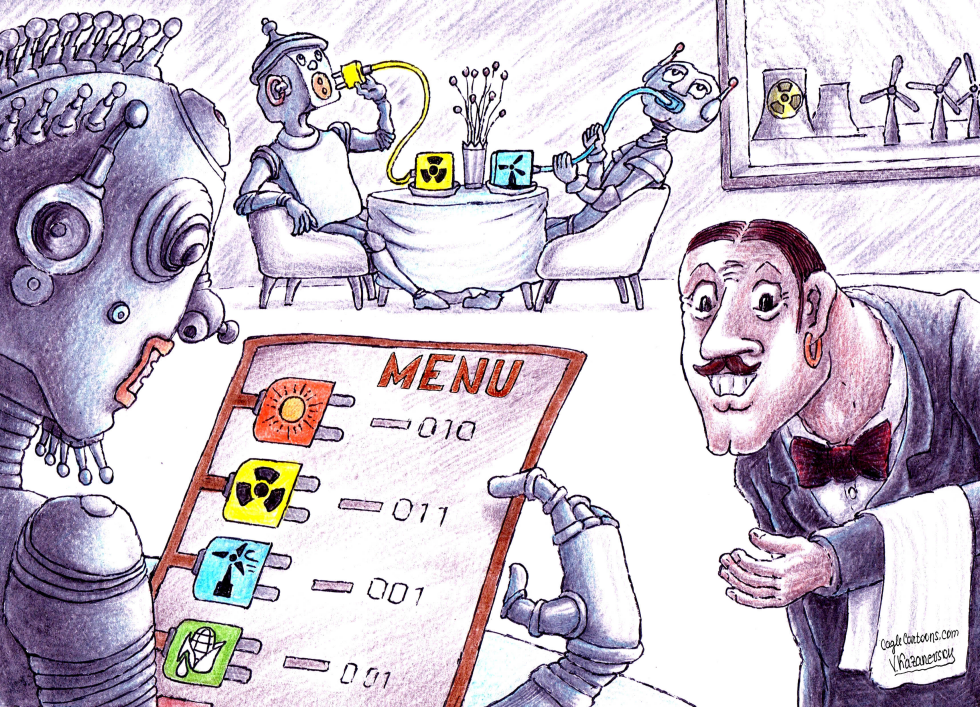 AI Robots Review Energy Menu Options at Table
