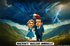 MACRON AND VON DER LEYEN HIDING UNDER UMBRELLA by Bart van Leeuwen